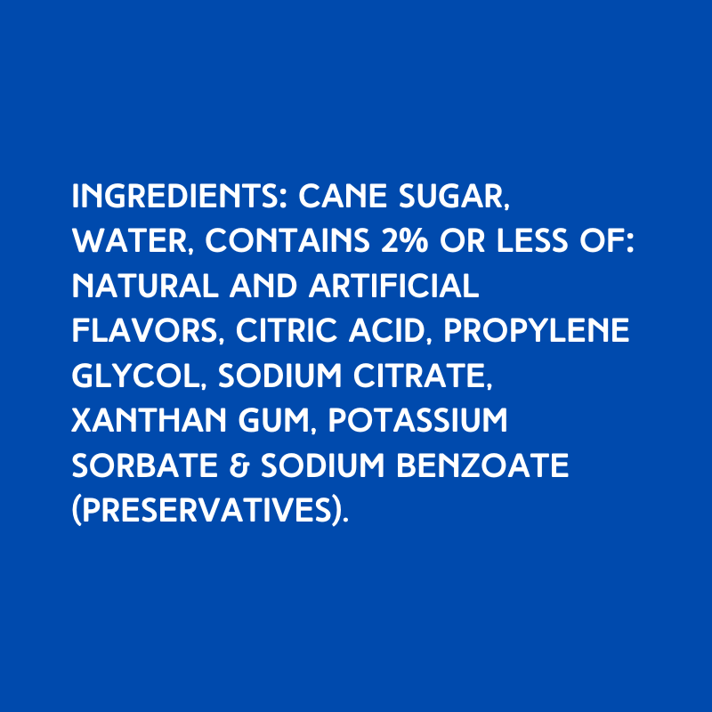 Labeled ingredients of Hypothermias Dye-FREE Shaved Ice and Snow Cone Syrup made with non-GMO pure cane sugar, free from corn syrup and synthetic dyes.