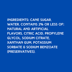 Labeled ingredients of Hypothermias Dye-FREE Shaved Ice and Snow Cone Syrup made with non-GMO pure cane sugar, free from corn syrup and synthetic dyes.