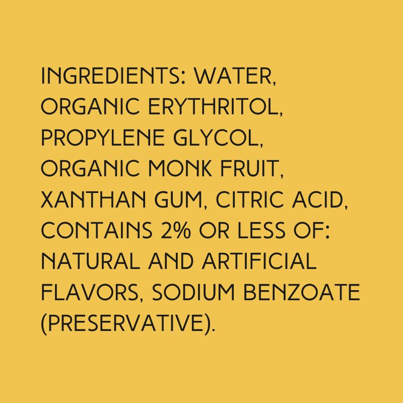 Ingredients of Wild Desert Cherry Dye-Free and Sugar-Free Coffee Syrup, featuring dye-free, sugar-free, and organic components including monk fruit and non-GMO erythritol that is also organic.