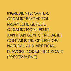 Ingredients of Wild Desert Cherry Dye-Free and Sugar-Free Coffee Syrup, featuring dye-free, sugar-free, and organic components including monk fruit and non-GMO erythritol that is also organic.
