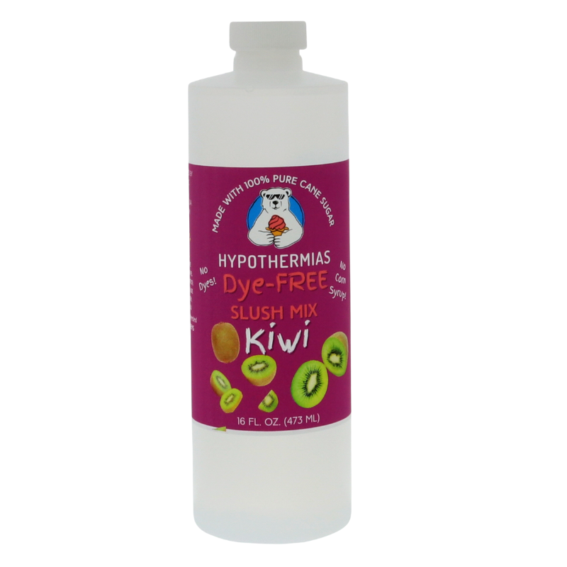 Picture of a BPA-free plastic bottle of Hypothermias Kiwi Dye-FREE Slush Syrup on a white background. The label features fresh sliced kiwis against a purple background. A clear, dye-free slushie mix made with non-GMO 100% pure cane sugar. A refreshing frozen beverage syrup and artisan slush syrup from Arizona, small-batch crafted in Tucson, Arizona, USA.