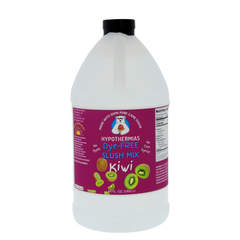 A BPA-free plastic half-gallon bottle of Hypothermias Dye-FREE Kiwi Slush Syrup with a vibrant purple label featuring sliced kiwi fruit, photographed on a white background. This clear, premium frozen drink syrup is made with non-GMO 100% pure cane sugar and contains no dyes or high fructose corn syrup. Delivers refreshing kiwi flavor for slushies, mocktails, and frozen beverages.