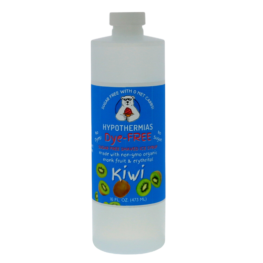A pint of Hypothermias Sugar-Free & Dye-Free Kiwi Shaved Ice and Snow Cone Syrup in a BPA-free plastic bottle on a bright white background, featuring an azure blue label with kiwi fruit imagery. This clear, sugar-free syrup is made with organic and non-GMO monk fruit and erythritol for a tart, naturally sweet tropical flavor without dyes or added sugars.