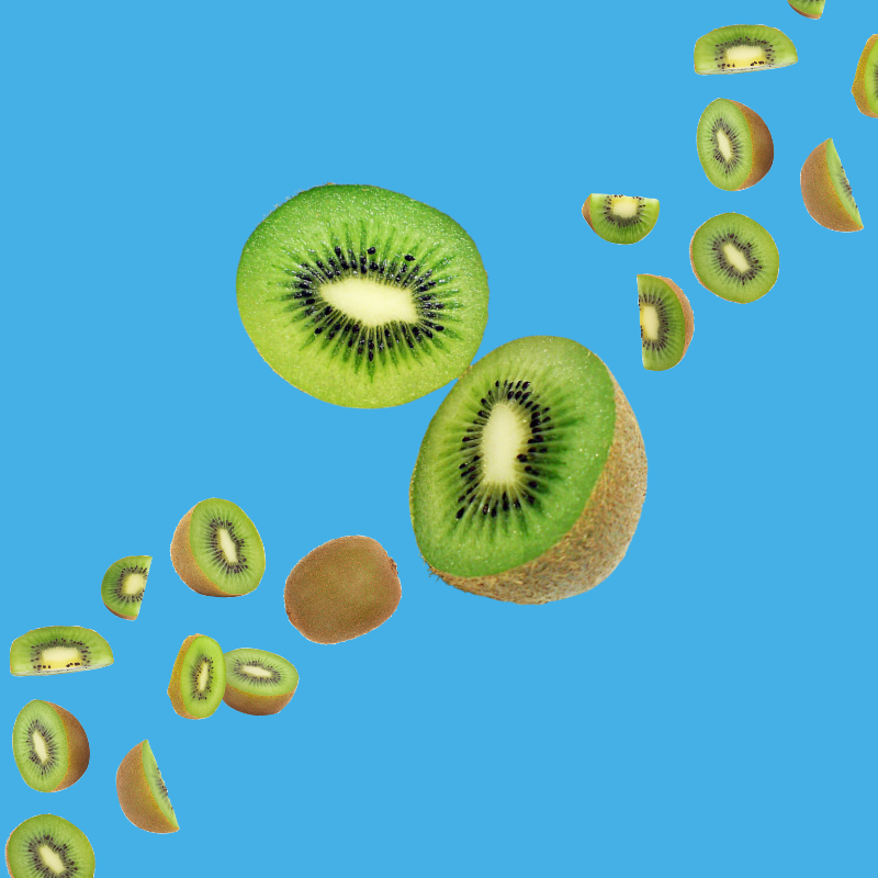 Fresh kiwi slices on a vibrant sky blue background representing Kiwi SUGAR FREE | Dye-FREE Shaved Ice & Snow Cone Syrup. Bright, sweet flavor with floral undertone, FREE & Clear, zero net carbs, sugar free, keto-friendly with organic monk fruit & erythritol.