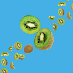 Fresh kiwi slices on a vibrant sky blue background representing Kiwi SUGAR FREE | Dye-FREE Shaved Ice & Snow Cone Syrup. Bright, sweet flavor with floral undertone, FREE & Clear, zero net carbs, sugar free, keto-friendly with organic monk fruit & erythritol.