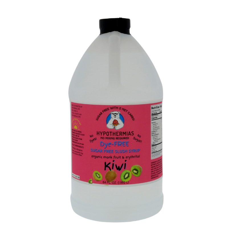 A half-gallon bottle of Hypothermias Sugar-Free & Dye-Free Kiwi Slush Syrup with a vivid pink label featuring sliced kiwis, photographed on a white background. Crafted with organic monk fruit and erythritol for a naturally sweet, dye-free frozen drink syrup.