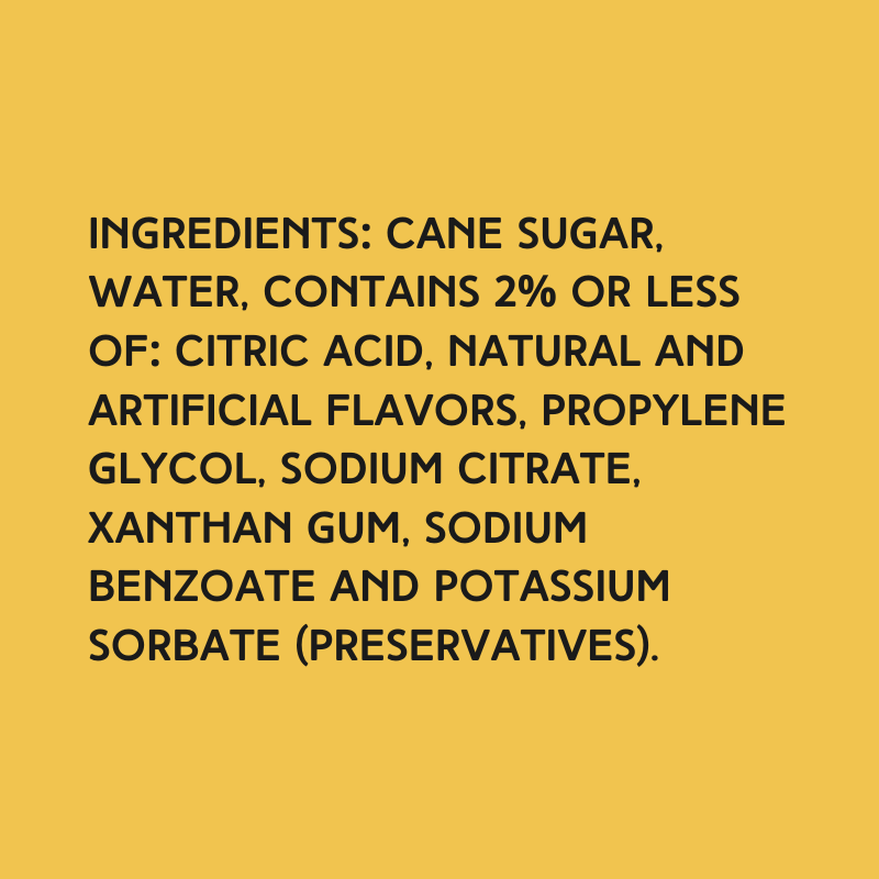 The ingredients in Hypothermias Wild Desert Kiwi Dye-FREE Coffee Syrup with non-GMO 100% pure cane sugar – cane sugar, water, citric acid, natural and artificial flavors, propylene glycol, sodium citrate, xanthan gum, sodium benzoate, potassium sorbate