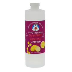 Picture of a BPA-free plastic bottle of Hypothermias Lemon Dye-FREE Slush Syrup on a white background. The label features bright yellow lemons against a purple background. A clear, dye-free slushie syrup made with non-GMO 100% pure cane sugar. A refreshing gourmet slush mix and summer drink syrup, crafted under the Tucson sun in Arizona, USA.