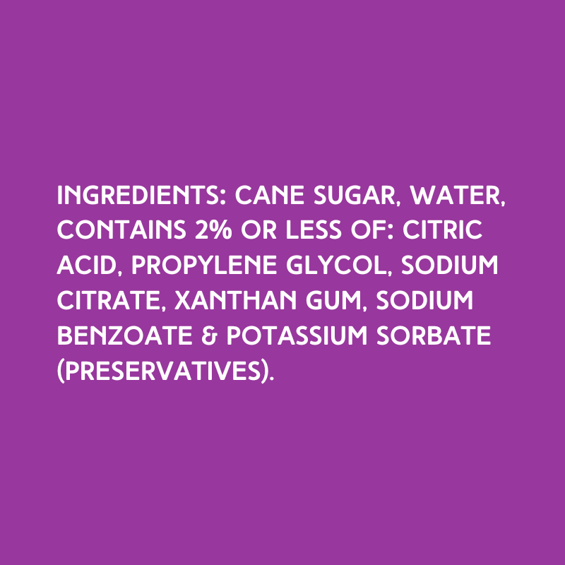 The ingredients for Hypothermias Lemon Dye-Free Slush Syrup include pure cane sugar, citric acid, and no corn syrup or artificial dyes—perfect for commercial and home slush machines.