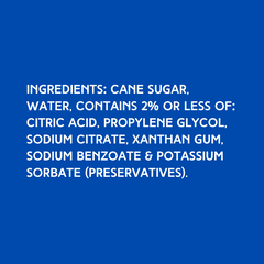 The ingredients for Hypothermias Lemon Dye-Free Shaved Ice and Snow Cone Syrup including non-GMO 100% pure cane sugar, no corn syrup or artificial dyes—perfect for commercial and home slush machines.