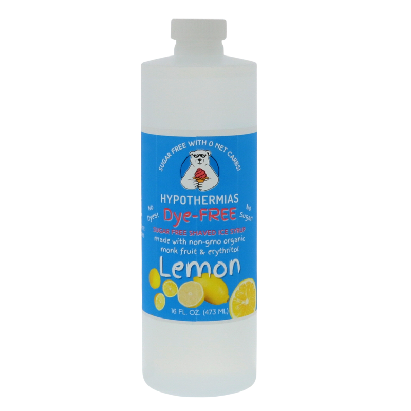 A pint of Hypothermias Sugar-Free & Dye-Free Lemon Shaved Ice and Snow Cone Syrup in a BPA-free plastic bottle on a bright white background, featuring an azure blue label with lemon imagery. This clear, sugar-free syrup is made with organic and non-GMO monk fruit and erythritol for a refreshing, naturally sweet citrus flavor without dyes or added sugars.