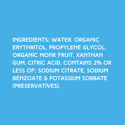 Ingredients for Lemon SUGAR FREE | Dye-FREE Shaved Ice & Snow Cone Syrup on a vibrant sky blue background. Ingredients: Water, organic erythritol, propylene glycol, organic monk fruit, xanthan gum, citric acid, contains 2% or less of: sodium citrate, sodium benzoate & potassium sorbate (preservatives). Made with organic non-GMO monk fruit & erythritol.