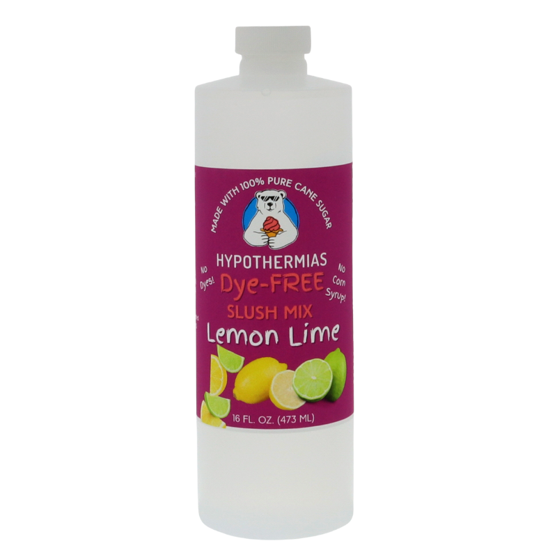 Picture of a BPA-free plastic bottle of Hypothermias Lemon Lime Dye-FREE Slush Syrup on a white background. The label features bright lemons and limes against a purple background. A clear, dye-free slushy syrup made with non-GMO 100% pure cane sugar. A tangy slush concentrate and frozen drink flavor syrup from a family-owned flavor syrup company, small-batch crafted in Tucson, Arizona, USA.