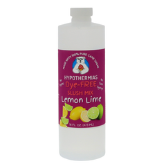 Picture of a BPA-free plastic bottle of Hypothermias Lemon Lime Dye-FREE Slush Syrup on a white background. The label features bright lemons and limes against a purple background. A clear, dye-free slushy syrup made with non-GMO 100% pure cane sugar. A tangy slush concentrate and frozen drink flavor syrup from a family-owned flavor syrup company, small-batch crafted in Tucson, Arizona, USA.