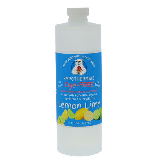 A pint of Hypothermias Sugar-Free & Dye-Free Lemon Lime Snow Cone and Shaved Ice Syrup in a BPA-free plastic bottle on a bright white background, featuring an azure blue label with lemon and lime imagery. This clear, sugar-free syrup is made with organic and non-GMO monk fruit and erythritol for a bright, citrus flavor without dyes or added sugars.