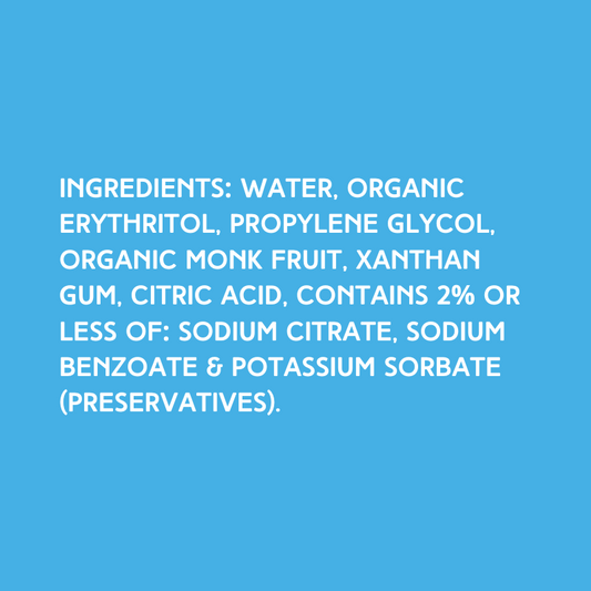 Ingredients for Lemon Lime SUGAR FREE | Dye-FREE Shaved Ice & Snow Cone Syrup on a vibrant sky blue background. Ingredients: Water, organic erythritol, propylene glycol, organic monk fruit, xanthan gum, citric acid, contains 2% or less of: sodium citrate, sodium benzoate & potassium sorbate (preservatives). Made with organic non-GMO monk fruit & erythritol.
