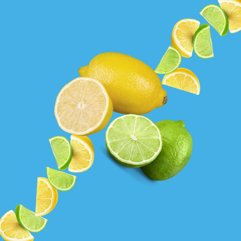 Fresh lemon and lime slices on a vibrant sky blue background representing Lemon Lime SUGAR FREE | Dye-FREE Shaved Ice & Snow Cone Syrup. Tart and sweet citrus flavor, FREE & Clear, zero net carbs, sugar free, keto-friendly with organic non-GMO monk fruit & erythritol.