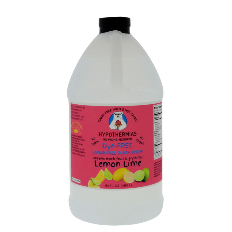 A half-gallon bottle of Hypothermias Sugar-Free & Dye-Free Lemon Lime Slush Syrup with a pink label featuring lemons and limes, photographed on a bright white background. Crafted in small batches with organic monk fruit and erythritol for a refreshing sugar-free slushie