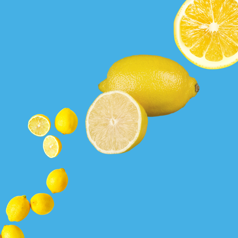 Fresh lemons on a vibrant sky blue background representing Lemon SUGAR FREE | Dye-FREE Shaved Ice & Snow Cone Syrup. Sweet and tart citrus flavor, FREE & Clear, zero net carbs, sugar free, keto-friendly with organic non-GMO monk fruit & erythritol.