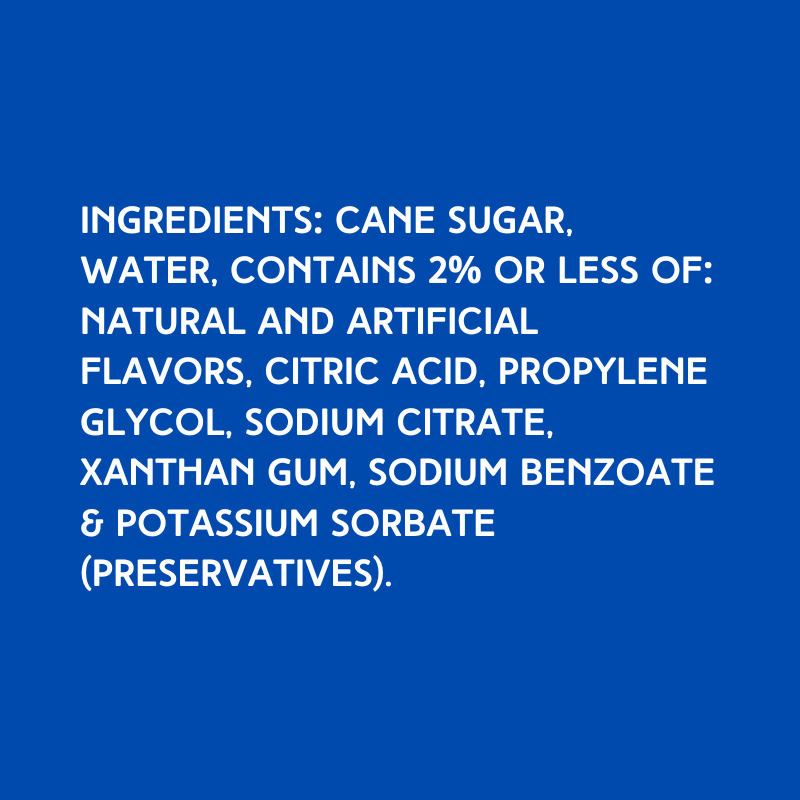 This image shows the ingredients for Hypothermias Dye-Free Lime Shaved Ice Syrup, featuring cane sugar, no artificial dyes or corn syrup.