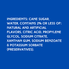 This image shows the ingredients for Hypothermias Dye-Free Lime Shaved Ice Syrup, featuring cane sugar, no artificial dyes or corn syrup.