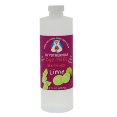 Picture of a BPA-free plastic bottle of Hypothermias Lime Dye-FREE Slush Syrup on a white background. The label features fresh limes against a purple background. A clear, dye-free slush mix made with non-GMO 100% pure cane sugar. A tart and refreshing frozen drink syrup and premium beverage mix, small-batch crafted in Tucson, Arizona, USA.