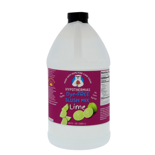 A BPA-free plastic half-gallon bottle of Hypothermias Dye-FREE Lime Slush Syrup with a vibrant purple label featuring lime slices, photographed on a white background. This clear, premium frozen drink syrup is made in Tucson, Arizona, using non-GMO 100% pure cane sugar. Free of dyes and high fructose corn syrup, it delivers tart lime flavor for slushie makers and frozen beverages.