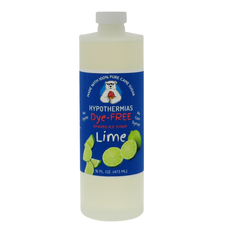 A pint of Hypothermias Dye-FREE Lime Shaved Ice & Snow Cone Syrup in a BPA-free plastic bottle on a bright white background, featuring a dark blue label with an image of fresh green limes representing the flavor. The syrup is clear and contains no dyes, made from non-GMO 100% pure cane sugar by a family-run small business in Tucson, Arizona, USA — a UNESCO City of Gastronomy.