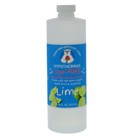A pint of Hypothermias Sugar-Free & Dye-Free Lime Snow Cone and Shaved Ice Syrup in a BPA-free plastic bottle on a bright white background, featuring an azure blue label with lime imagery. This clear, sugar-free syrup is made with organic and non-GMO monk fruit and erythritol for a crisp, tangy flavor without dyes or added sugars.