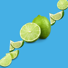 Fresh lime slices on a vibrant sky blue background representing Lime SUGAR FREE | Dye-FREE Shaved Ice & Snow Cone Syrup. Bold citrus flavor, FREE & Clear, zero net carbs, sugar free, keto-friendly with organic non-GMO monk fruit & erythritol.