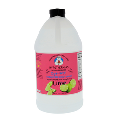 A half-gallon bottle of Hypothermias Sugar-Free & Dye-Free Lime Slush Syrup with a pink label featuring fresh green limes, pictured on a white background. Made with organic monk fruit and erythritol for a zesty, sugar-free frozen drink syrup.