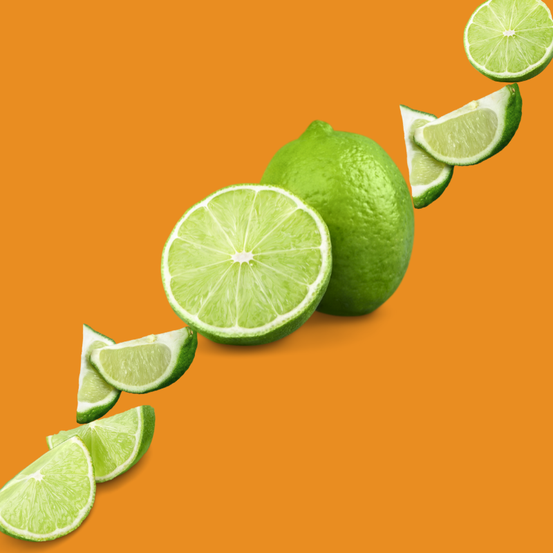 Fresh lime slices on a burnt orange background representing Wild Desert Dye-FREE Lime Coffee Syrup. Made with non-GMO 100% pure cane sugar and crafted in small batches by a family-owned business in Tucson, Arizona. Clear pour, dye-free syrup with a bold, tangy citrus lime flavor, perfect for coffee, lattes, teas, smoothies, and specialty drinks.