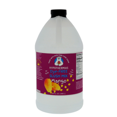 A BPA-free plastic half-gallon bottle of Hypothermias Dye-FREE Mango Slush Syrup with a vibrant purple label featuring golden mangoes, photographed on a bright white background. This clear, gourmet frozen drink syrup is crafted in Tucson, Arizona, with non-GMO 100% pure cane sugar and no high fructose corn syrup. Delivers sweet, tropical mango flavor for slushie and frozen drink machines.