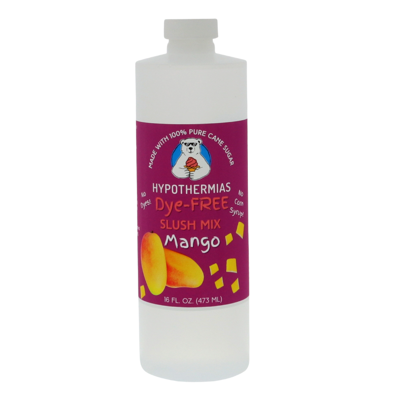 Picture of a BPA-free plastic bottle of Hypothermias Mango Dye-FREE Slush Syrup on a white background. The label features juicy orange mango slices against a purple background. A clear, dye-free slushie syrup made with non-GMO 100% pure cane sugar. A tropical slush machine syrup and frozen drink mix, small-batch crafted in Tucson, Arizona, USA.