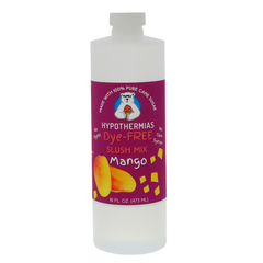 Picture of a BPA-free plastic bottle of Hypothermias Mango Dye-FREE Slush Syrup on a white background. The label features juicy orange mango slices against a purple background. A clear, dye-free slushie syrup made with non-GMO 100% pure cane sugar. A tropical slush machine syrup and frozen drink mix, small-batch crafted in Tucson, Arizona, USA.
