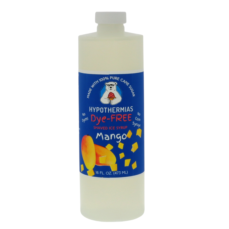 A pint of Hypothermias Dye-FREE Mango Shaved Ice & Snow Cone Syrup in a BPA-free plastic bottle on a clean white background, featuring a dark blue label with an image of ripe mangos representing the flavor. The syrup is clear with no dyes and made from pure cane sugar and non-GMO ingredients by a family-run small business in Tucson, Arizona, USA — a UNESCO City of Gastronomy.