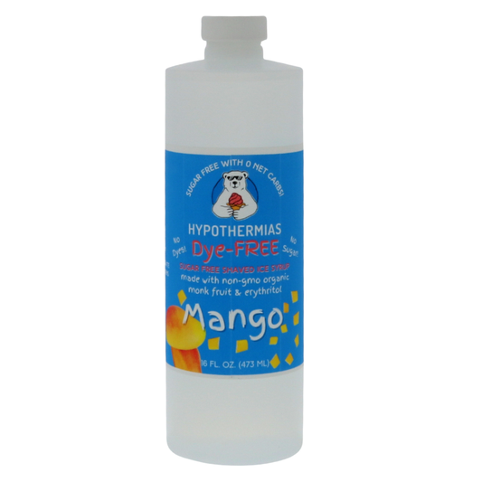 A pint of Hypothermias Sugar-Free & Dye-Free Mango Shaved Ice and Snow Cone Syrup in a BPA-free plastic bottle on a bright white background, featuring an azure blue label with mango imagery. This clear, sugar-free syrup is made with organic and non-GMO monk fruit and erythritol for a smooth, tropical flavor without dyes or added sugars.
