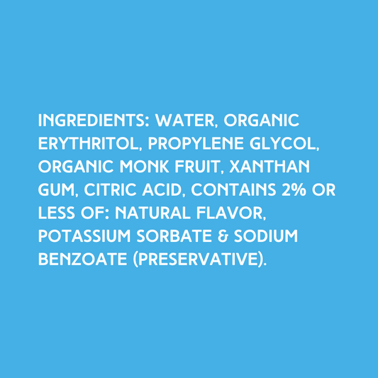 Ingredients for Mango SUGAR FREE | Dye-FREE Shaved Ice & Snow Cone Syrup on a vibrant sky blue background. Ingredients: Water, organic erythritol, propylene glycol, organic monk fruit, xanthan gum, citric acid, contains 2% or less of: natural flavor, potassium sorbate & sodium benzoate (preservative). Made with organic non-GMO monk fruit & erythritol.