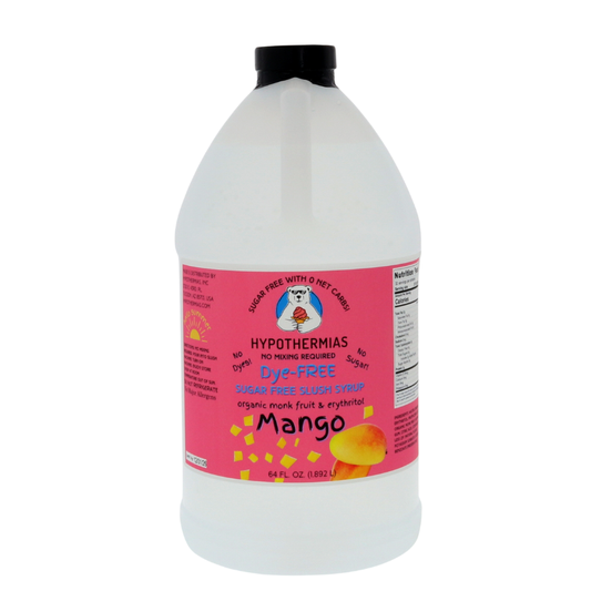 A half-gallon bottle of Hypothermias Sugar-Free & Dye-Free Mango Slush Syrup with a vibrant pink label featuring ripe mango slices, photographed on a bright white background. Crafted in Tucson, Arizona, USA, with organic monk fruit and erythritol for a tropical, sugar-free, and dye-free frozen drink syrup.