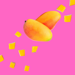 Fresh ripe mango slices on a vibrant pink background representing Hypothermias Mango Sugar Free Dye-FREE Slush Syrup, a keto-friendly tropical slush mix with zero net carbs for slush machines and frozen drinks