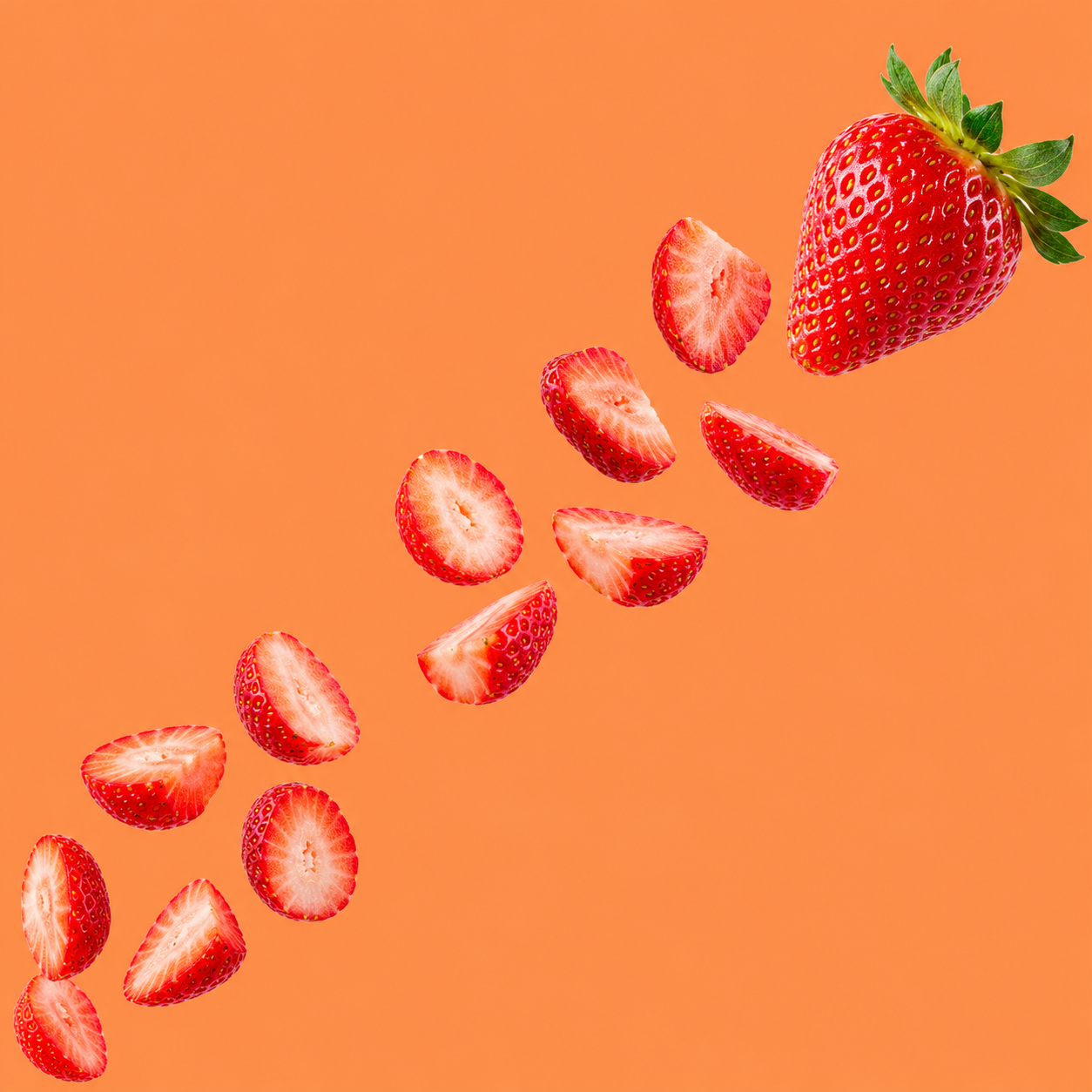 Fresh whole strawberry and sliced strawberries floating on an orange background, representing Hypothermias Natural Strawberry Flavor Concentrate for snow cones and shaved ice.