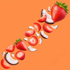 Natural strawberry slices with coconut on an orange background representing Hypothermias Tiger's Blood Slush Syrup Concentrate with natural flavor and color.
