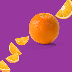 Fresh oranges on a purple background representing Hypothermias Dye-FREE Orange Slush Syrup. Clear, dye-free syrup made with non-GMO pure cane sugar for slush machines, cocktails, and frozen drinks.