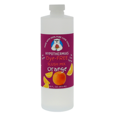 Picture of a BPA-free plastic bottle of Hypothermias Orange Dye-FREE Slush Syrup on a white background. The label features bright orange slices against a purple background. A clear, dye-free slushy mix made with non-GMO 100% pure cane sugar. A refreshing frozen beverage syrup and artisan slush syrup from Arizona, small-batch crafted in Tucson, Arizona, USA.