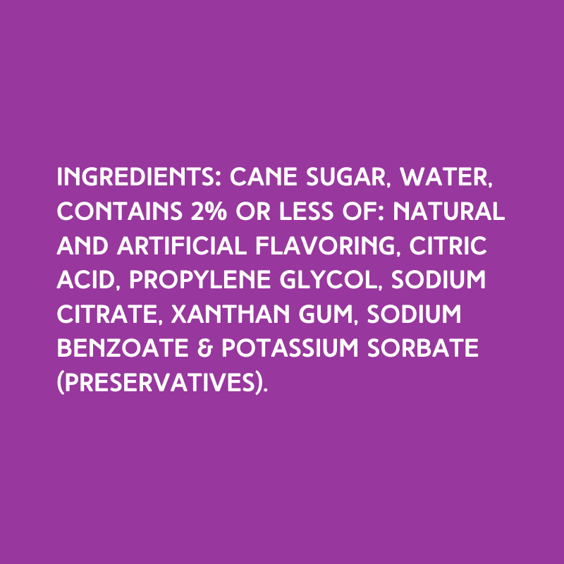 Ingredients for Hypothermias Dye-FREE Orange Slush Syrup: cane sugar, water, natural and artificial flavoring, citric acid, propylene glycol, sodium citrate, xanthan gum, sodium benzoate, potassium sorbate.