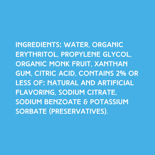 Ingredients for Orange SUGAR FREE | Dye-FREE Shaved Ice & Snow Cone Syrup on a vibrant sky blue background. Ingredients: Water, organic erythritol, propylene glycol, organic monk fruit, xanthan gum, citric acid, contains 2% or less of: natural and artificial flavoring, sodium citrate, sodium benzoate & potassium sorbate (preservatives).