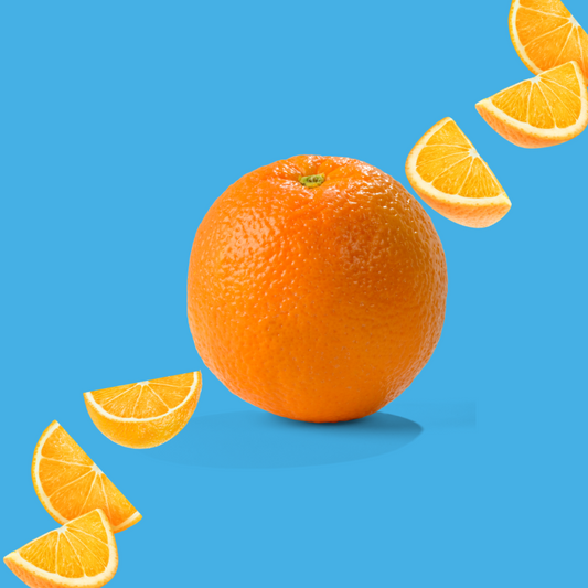 Fresh oranges on a vibrant sky blue background representing Orange SUGAR FREE | Dye-FREE Shaved Ice & Snow Cone Syrup. Classic orange soda flavor, FREE & Clear, zero net carbs, sugar free, keto-friendly with organic non-GMO monk fruit & erythritol.
