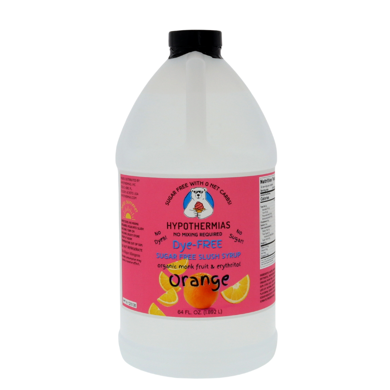 A half-gallon bottle of Hypothermias Sugar-Free & Dye-Free Orange Slush Syrup with a vibrant pink label featuring bright oranges, pictured on a clean white background. Made in small batches in Tucson, Arizona, with organic monk fruit and erythritol for a refreshing, citrus, sugar-free frozen drink syrup.