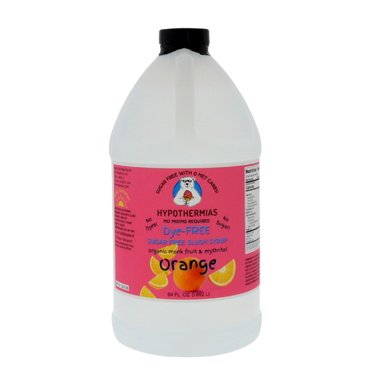 A half-gallon bottle of Hypothermias Sugar-Free & Dye-Free Orange Slush Syrup with a vibrant pink label featuring bright oranges, pictured on a clean white background. Made in small batches in Tucson, Arizona, with organic monk fruit and erythritol for a refreshing, citrus, sugar-free frozen drink syrup.