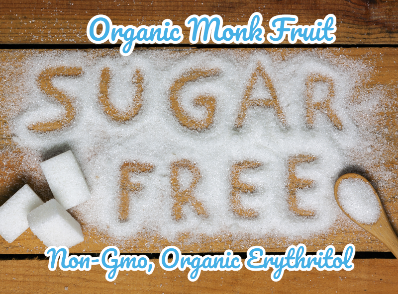 Sugar free logo written with organic erythritol on wooden board.